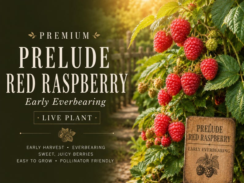 May include: A live Prelude Red Raspberry plant with bright red berries and green leaves. Text reads: PREMIUM PRELUDE RED RASPBERRY Early Everbearing LIVE PLANT EARLY HARVEST EVERBEARING SWEET, JUICY BERRIES EASY TO GROW POLLINATOR FRIENDLY.