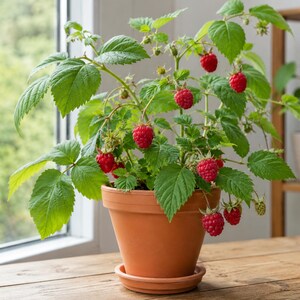 May include: A potted raspberry plant in a terracotta pot with a matching saucer. The plant features vibrant green, serrated leaves and several clusters of ripe, bright red raspberries hanging from thin, woody stems against a window background.