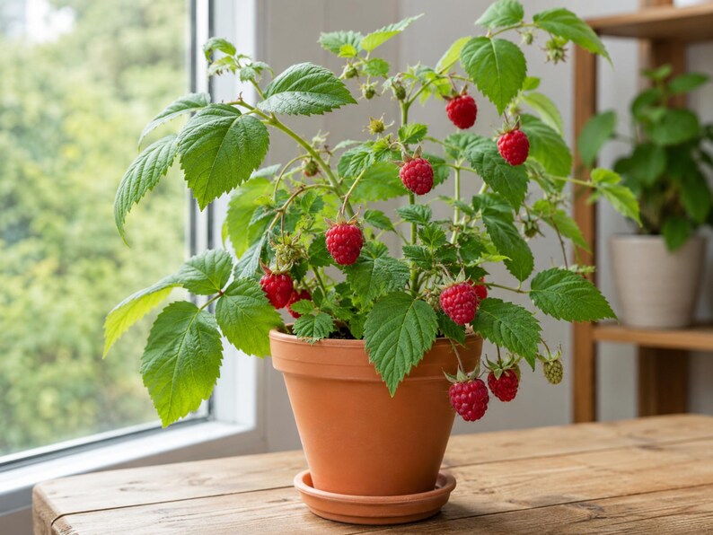 May include: A potted raspberry plant in a terracotta pot with a matching saucer. The plant features vibrant green, serrated leaves and several clusters of ripe, bright red raspberries hanging from thin, woody stems against a window background.