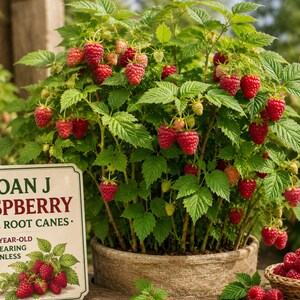 Op de afbeelding: Een Joan J frambozenplant met felrode bessen en groene bladeren in een ronde beige pot. Een rechthoekig bordje vermeldt: JOAN J RASPBERRY BARE ROOT CANES 1-YEAR-OLD EVERBEARING THORNLESS. Een klein mandje gevuld met verse frambozen staat ernaast.