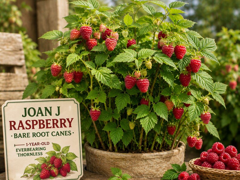 Op de afbeelding: Een Joan J frambozenplant met felrode bessen en groene bladeren in een ronde beige pot. Een rechthoekig bordje vermeldt: JOAN J RASPBERRY BARE ROOT CANES 1-YEAR-OLD EVERBEARING THORNLESS. Een klein mandje gevuld met verse frambozen staat ernaast.