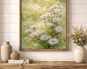 Puede incluir: Pintura floral enmarcada con margaritas blancas y centros amarillos sobre un fondo verde y amarillo. Se exhibe sobre una consola de madera con jarrones decorativos y cestas tejidas.