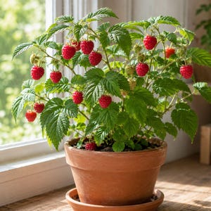 Puede incluir: Una planta de frambuesa en maceta con hojas verdes dentadas y numerosas bayas peque&ntilde;as de color rojo brillante que crecen en tallos finos y le&ntilde;osos. La planta est&aacute; en una maceta de barro sencilla, redonda y de color terracota con plato.