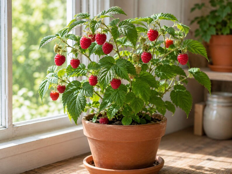 Puede incluir: Una planta de frambuesa en maceta con hojas verdes dentadas y numerosas bayas peque&ntilde;as de color rojo brillante que crecen en tallos finos y le&ntilde;osos. La planta est&aacute; en una maceta de barro sencilla, redonda y de color terracota con plato.
