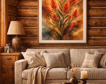 Puede incluir: Una pintura de acuarela enmarcada de vibrantes elementos botánicos rojos y verdes cuelga sobre un sofá beige. La habitación cuenta con una mesa de centro de madera, una lámpara y una pared de madera, creando un ambiente cálido y acogedor.