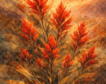 Puede incluir: Pintura abstracta de follaje rojo y naranja vibrante sobre un fondo cálido y texturizado. La obra presenta formas vegetales estilizadas con hojas y tallos detallados, evocando el otoño. La paleta de colores incluye tonos de rojo, naranja y marrón.