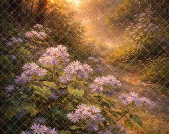 Puede incluir: Una serena escena de bosque con un sendero que conduce a la distancia, bañado por la cálida luz del sol. Racimos de flores moradas florecen en primer plano, con un exuberante follaje verde. La imagen evoca una sensación de paz y belleza natural.