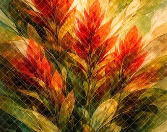 Puede incluir: Obra de arte floral abstracta con flores rojas y naranjas vibrantes con follaje verde y amarillo. La pintura tiene una apariencia texturizada, similar a la acuarela, con una superposición de cuadrícula que agrega profundidad. El tema general es botánico y artístico.