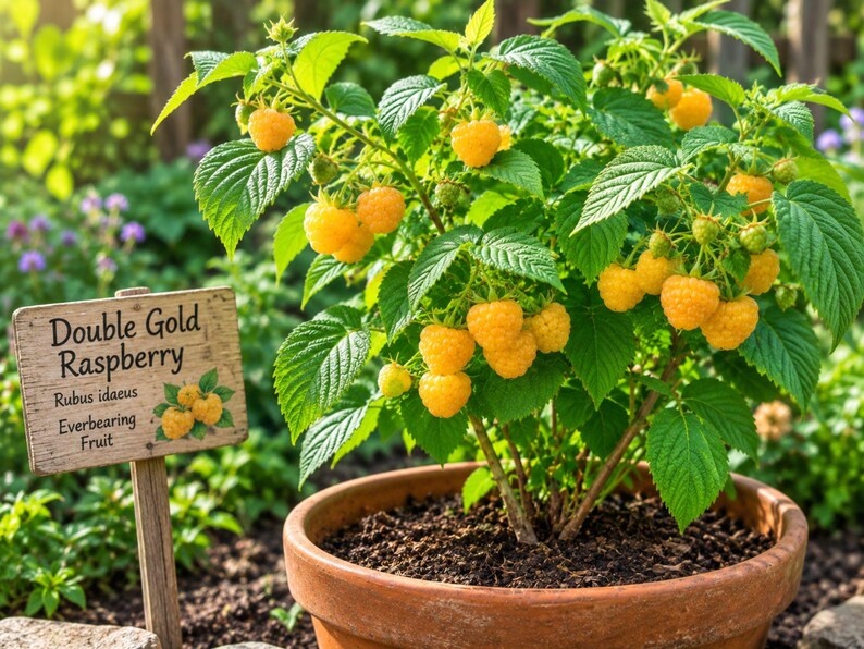 K&ouml;nnte beinhalten: Eine getopfte Double Gold Himbeerpflanze mit leuchtend gelben Beeren und gr&uuml;nen Bl&auml;ttern. Ein Holzschild neben dem Topf zeigt den Text: Double Gold Raspberry, Rubus idaeus, Everbearing Fruit, sowie eine Abbildung der Beeren.