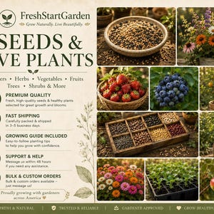 May include: A promotional graphic for FreshStartGarden featuring the text SEEDS & PLANTS with categories for flowers, herbs, vegetables, fruits, trees, and shrubs. The image displays various seeds, strawberries, blueberries, and potted plants.