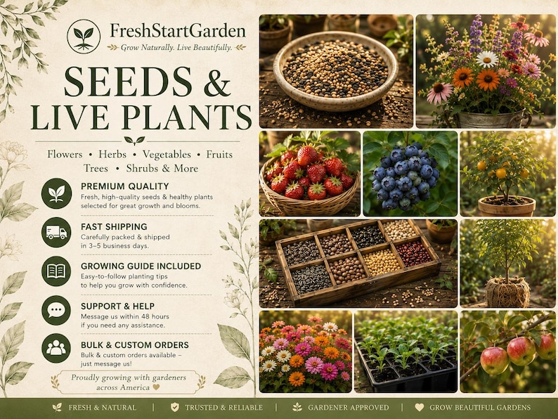 May include: A promotional graphic for FreshStartGarden featuring the text SEEDS & PLANTS with categories for flowers, herbs, vegetables, fruits, trees, and shrubs. The image displays various seeds, strawberries, blueberries, and potted plants.