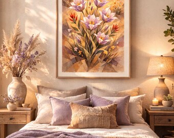 Puede incluir: Una impresión en acuarela enmarcada de flores con flores de lavanda y rojas cuelga sobre una cama con ropa de cama lavanda y beige. La habitación tiene un ambiente cálido y acogedor con una lámpara y mesitas de noche.