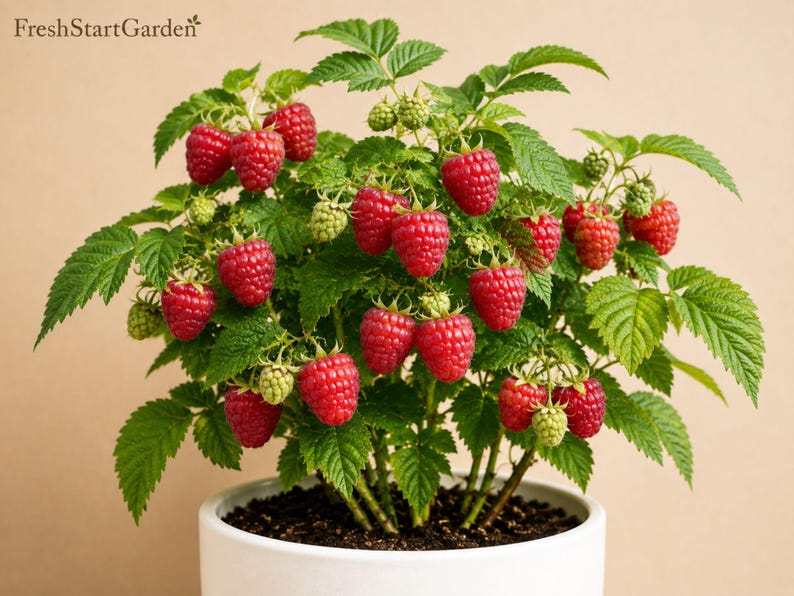 Puede incluir: Una planta de frambuesa en maceta con hojas de color verde vibrante y numerosas frambuesas rojas maduras. La planta est&aacute; en una maceta de cer&aacute;mica blanca sencilla con tierra oscura. El texto FreshStartGarden es visible en la esquina superior izquierda.