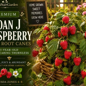 Op de afbeelding: Een Joan J frambozenplant met felrode bessen en groene bladeren in een gevlochten mand. De tekst luidt: FreshStartGarden, PREMIUM JOAN J RASPBERRY BARE ROOT CANES, 1-YEAR-OLD EVERBEARING THORNLESS, SWEET, JUICY & ABUNDANT, USDA ZONES 4-8.