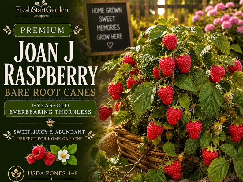 Op de afbeelding: Een Joan J frambozenplant met felrode bessen en groene bladeren in een gevlochten mand. De tekst luidt: FreshStartGarden, PREMIUM JOAN J RASPBERRY BARE ROOT CANES, 1-YEAR-OLD EVERBEARING THORNLESS, SWEET, JUICY & ABUNDANT, USDA ZONES 4-8.