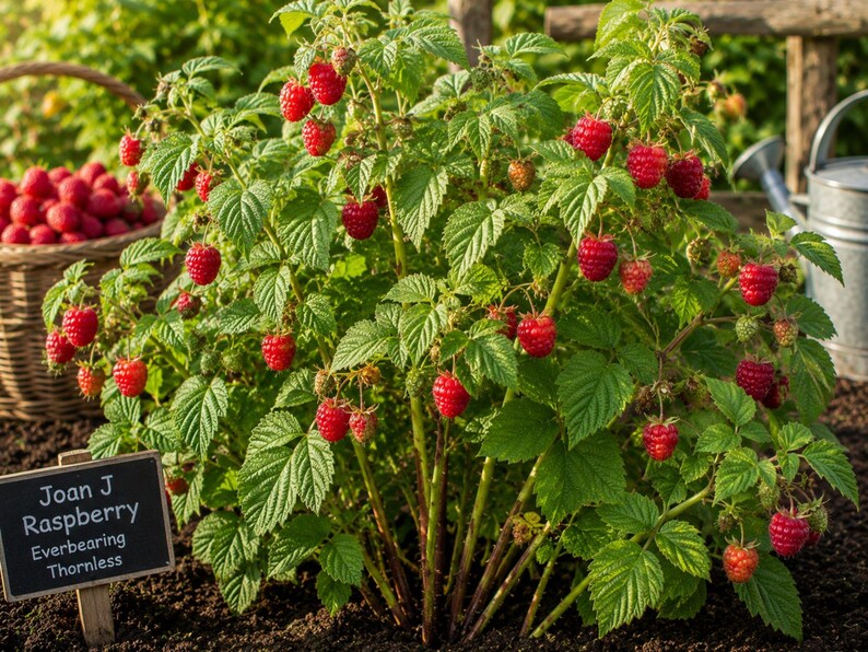 Op de afbeelding: Een Joan J frambozenplant met felrode bessen en groene bladeren. Een klein zwart bordje in de grond vermeldt: Joan J Raspberry Everbearing Thornless. Een gevlochten mand gevuld met geoogste frambozen staat links van de plant.