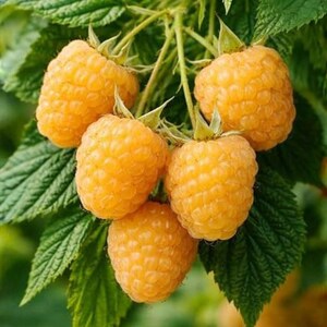 May include: A cluster of five ripe golden raspberries hanging from a green stem with serrated leaves. Each berry features a textured, bumpy surface characteristic of the fruit, displaying a vibrant yellow-orange hue against the foliage.