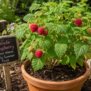 Puede incluir: Una planta de frambuesa Prelude en maceta con hojas de color verde vibrante y racimos de frambuesas rojas maduras. Un peque&ntilde;o letrero de madera cercano muestra el texto: Prelude Raspberry, Rubus idaeus, Early Summer Fruit, en rosa y blanco.
