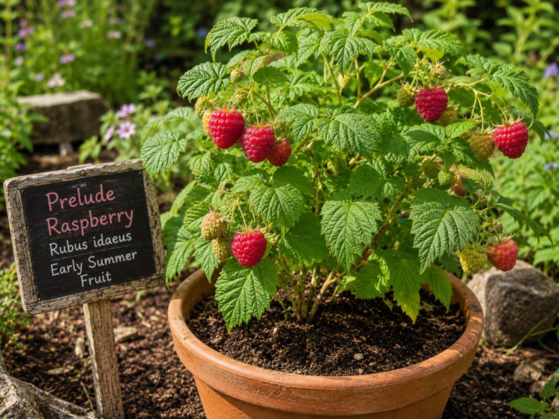 Puede incluir: Una planta de frambuesa Prelude en maceta con hojas de color verde vibrante y racimos de frambuesas rojas maduras. Un peque&ntilde;o letrero de madera cercano muestra el texto: Prelude Raspberry, Rubus idaeus, Early Summer Fruit, en rosa y blanco.