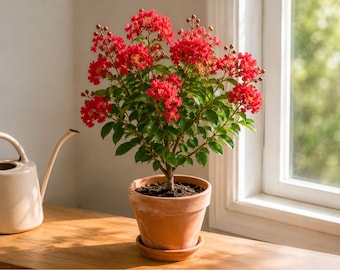 Puede incluir: Una planta de lagerstroemia en maceta con racimos de flores de color rojo vibrante y hojas de color verde oscuro, en una maceta de terracota con plato a juego. Una regadera de color claro está cerca, todo bajo la luz natural de una ventana.