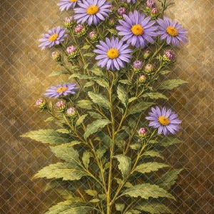 Impresión botánica: Arte floral vintage de áster morado estilo cottagecore (descarga digital)