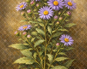Botanical Print: Vintage Purple Aster Cottagecore Floral Art (Digital Download)