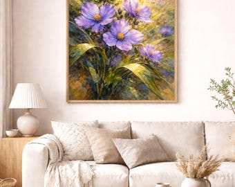 Puede incluir: Impresión artística enmarcada de flores moradas con centros amarillos. La pintura tiene un estilo suave de acuarela con follaje verde y un fondo dorado. La obra de arte se exhibe sobre un sofá blanco.