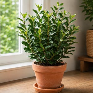 May include: A potted holly plant with dark green, glossy, serrated leaves growing in a round, terracotta-colored clay pot with a matching saucer. The plant has multiple upright stems and dense foliage, positioned in front of a window frame.