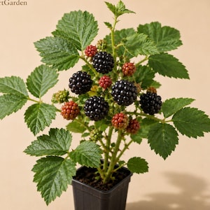 May include: A blackberry plant in a small black plastic pot with green serrated leaves and clusters of berries in various stages of ripening, ranging from small green and reddish-pink to large, dark, and fully mature black fruit. Text reads FreshStartGarden.