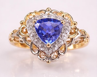 Trillion Cut Engagement Ring • Vintage Halo Ring • Statement Engagement Ring • Elegant Wedding Ring • Anniversary Gift Ring For Her