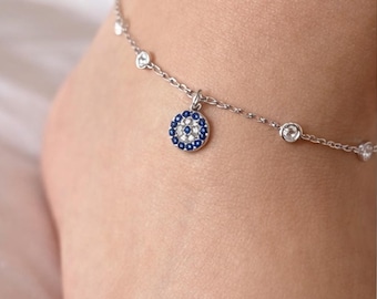 Evil Eye Anklet • Minimalist Charm Anklet • Dainty Gold Anklet • Protection Jewelry Anklet • Summer Beach Anklet Gift for Her