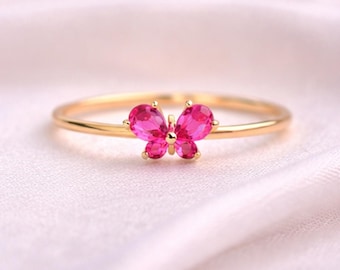 Butterfly Pink Gemstone Ring • Delicate Butterfly Ring • Minimalist Gold Butterfly Ring • Cute Pink Crystal Ring • Dainty Gift Ring For Her