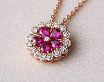 Pink Flower Pendant Necklace • Vintage Floral Necklace • Elegant Gold Flower Necklace • Romantic Statement Pendant • Gift Necklace For Her