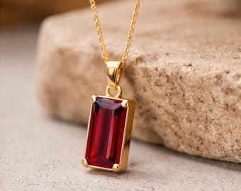 Emerald Cut Pendant Necklace • Minimalist Gold Pendant • Solitaire Pendant Necklace • Elegant Gift for Her • Anniversary Gift Necklace