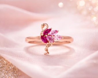 Pink Sapphire Women’s Flamingo Ring • Flamingo Design Ring • Pink Sapphire Statement Ring • Cute Animal Jewelry • Gift for Her