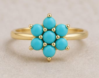 Turquoise Flower Ring • Gold Floral Ring • Minimalist Gemstone Ring • Dainty Stackable Ring • Turquoise Cluster Ring • Gift for Her