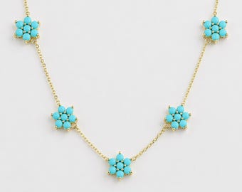 Turquoise Floral Station Necklace • Gold Chain • Dainty Flower Charm Design • Minimal Everyday Jewelry • Elegant Gift For Her