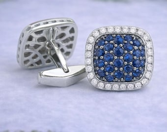 Blue Cluster Cufflinks • Square Halo Cufflinks • Classic Men’s Cufflinks • Elegant Formal Jewelry • Wedding & Gift Cufflinks For Him
