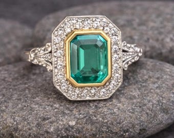 Emerald Cut Engagement Ring • Vintage Halo Ring • Art Deco Engagement Ring • Elegant Wedding Ring • Anniversary Gift Ring for Her