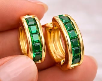 Green Hoop Earrings • Minimalist Huggie Earrings • Elegant Gold Hoop Earrings • Everyday Jewelry Gift • Anniversary Gift Earrings For Her