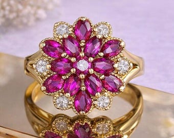 Anello floreale rosa • Anello con fiore dorato • Anello da cocktail di tendenza • Elegante anello in stile vintage • Regalo per lei