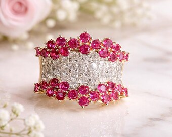 Pink Cluster Ring • Statement Gold Ring • Bold Cocktail Ring • Elegant Evening Ring • Gift Ring For Her