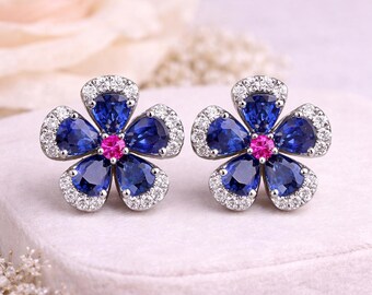 Blue Flower Stud Earrings • Floral Halo Earrings • Elegant Statement Earrings • Sparkling Evening Jewelry • Gift Earrings For Her