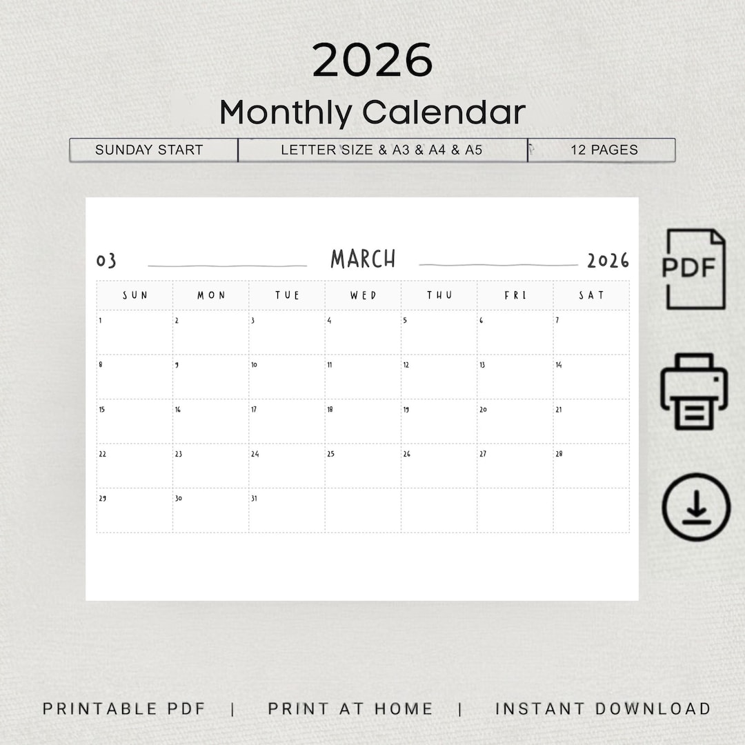 Black and White Minimalist Simple Handwritten 2026 Calendar - Etsy