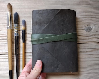 Watercolor MashUp Leather Sketchbook,Trio of Watercolor Paper,Handstitched,Just Journal It