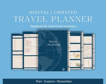 May include: A digital, undated travel planner with a navy blue cover featuring a world map graphic. The planner includes pages for daily plans, packing lists, and trip details. Text on the cover reads "TRAVEL PLANNER".