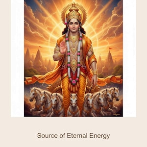 May include: Digital illustration of a deity in golden attire, adorned with jewelry and a crown, standing before a chariot pulled by white horses. The background features a radiant sunburst and temples. Text reads "Source of Eternal Energy."