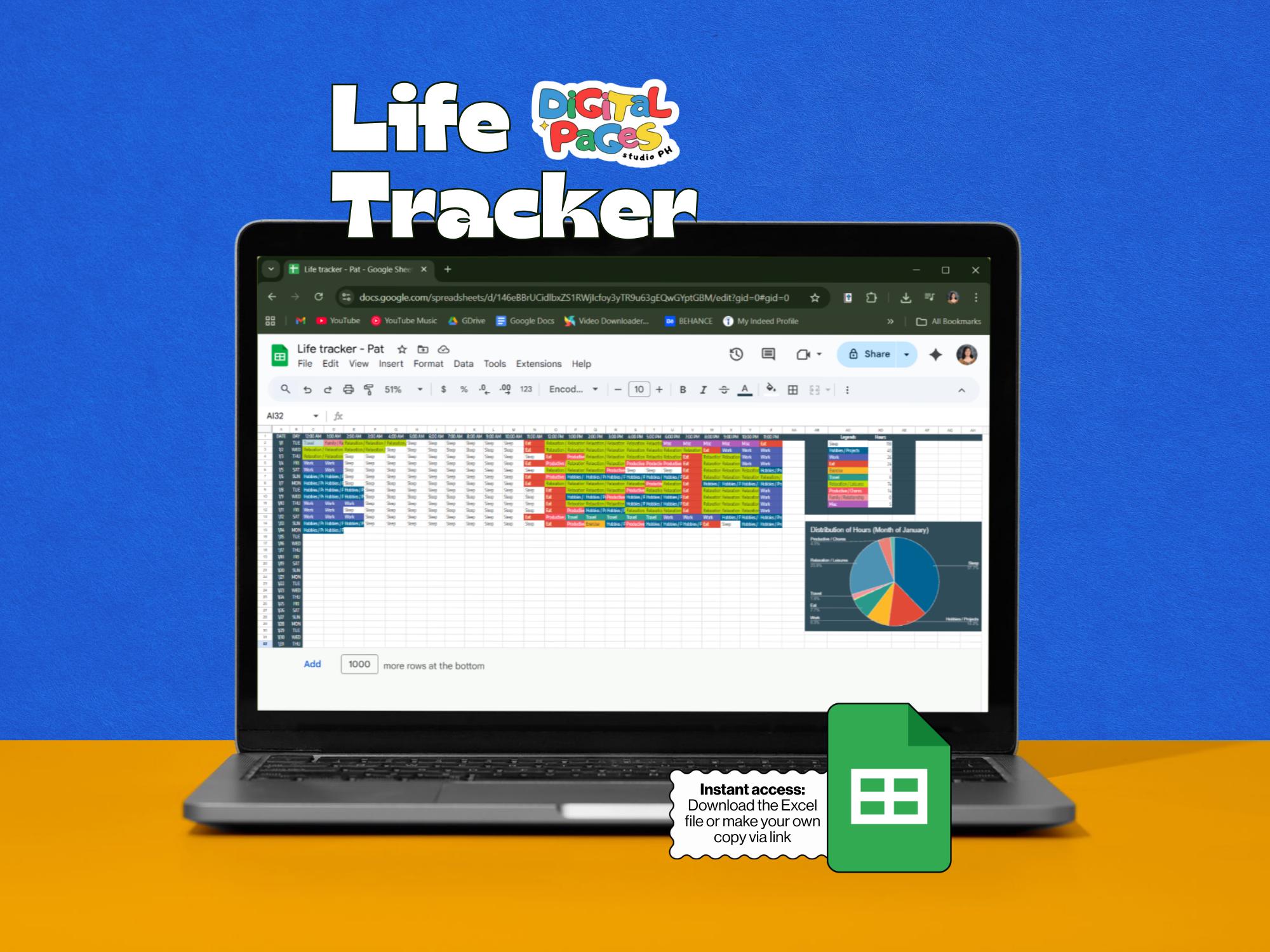 Excel Life Tracker | Hourly Habit, Time Tracking With Charts (digital ...