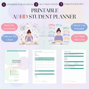 Könnte beinhalten: Ein druckbarer ADHD-Studentenplaner mit lila und weißem Design. Das Bild enthält den Text "ADHD Student Planner" und "Ditch the Overwhelm". Der Planer soll Studenten mit ADHS helfen, ihr Studium zu organisieren und ihre Zeit effektiv zu verwalten.