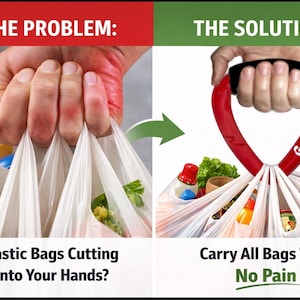 May include: Image shows a comparison of carrying plastic bags. The left side shows hands struggling with bags, the right side shows a red Grip-it handle holding the bags. Text reads "Plastic Bags Cutting Into Your Hands?" and "Carry All Bags With No Pain."